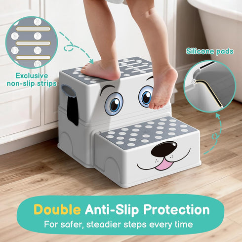 vorykido 2 2 Pack, Toddler Step Stool for Bathroom Sink, Cartoon Dog Step Stool for Kids, Anti-Slip Kids Stool