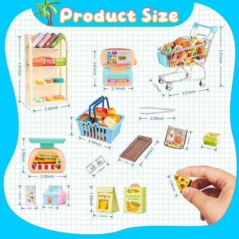 YOUHORYA 196Pcs Mini Shopping Cart Basket Trolley Grocery Game Model Miniature Drink Bottle Food Pizza with Box