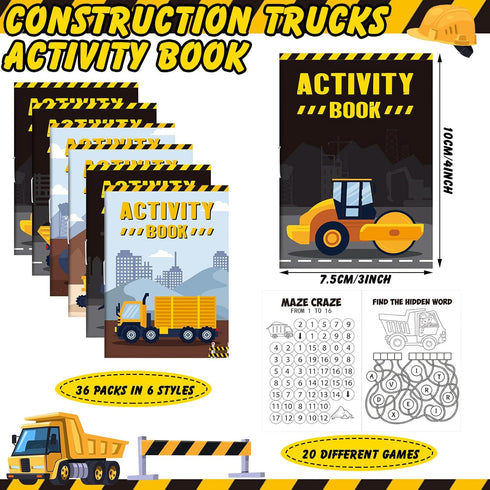 36 Set Sinmoe Piece Mini Activity Books for Kids' Parties, Includes Construction Trucks: Dump Trucks, Diggers, Cranes