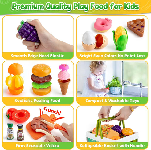78Pc Pretend Play Food for Kids Kitchen, Cutting Toy Food with Storage Basket, Play Kitchen Accessories, Food Toys