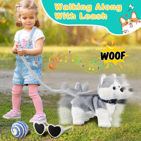 Marsjoy Husky Walking Dog Toy for Girls Barking Puppy with Control Leash, Realistic Wagging Tail Robot Interactive