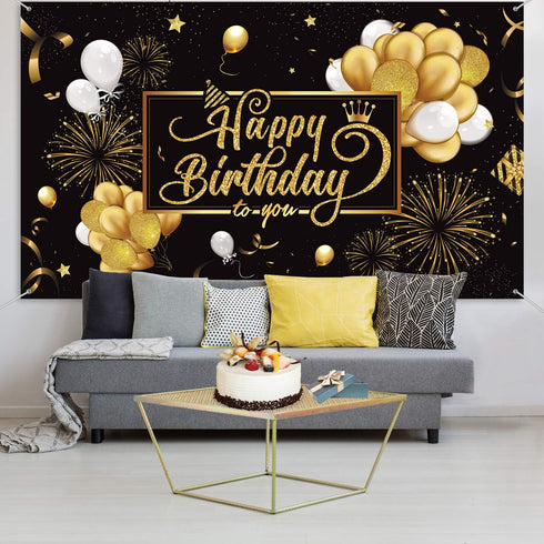 Blulu Happy Birthday Banner Sign, Large Fabric Glitter Poster for Birthday Decoration Supplies (Black and Gold)