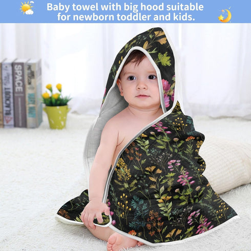 Pigsaly 30 30 Watercolor Wild Flowers Hooded Baby Towel Meadow Herbs Leaves Baby Bath Towel Unisex Soft Organic Cotton