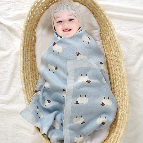 mimixiong Baby Blanket Knit 100% Cotton Toddler Blankets for Boys and Girls with Cute Sheep Size 30 x 40 inches Blue by mimixiong