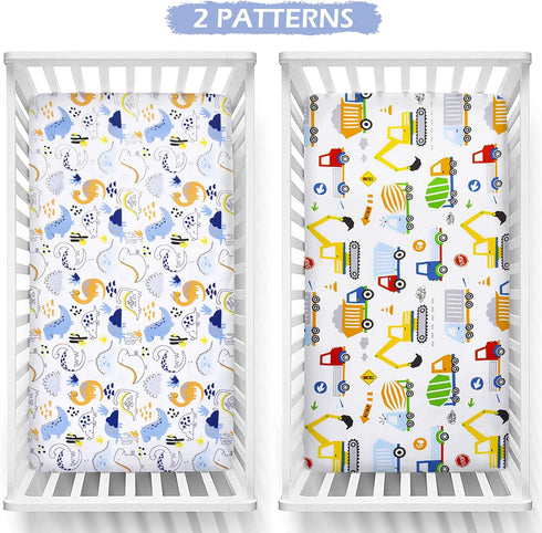 2 Pack Crib Sheets 52in x 28in | Bedding for Cot bed | 100% Soft Breathable Cotton Sheets for Standard Crib and Toddler Mattresses, Nursery Sheet - Truck/Dinosaur by Baby Amabc