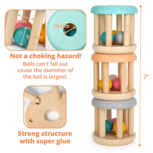 DUCKBOXX XX Montessori Infant Toys - Natural Wood Rolling Rattle Toy for Babies Ages 0m – 2yrs (3pcs Burlywood Base)