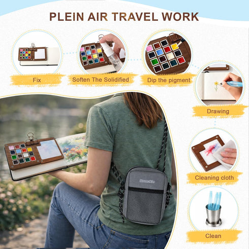 Drmukie Set 15-Color Set Mini Watercolor Paint All-in-One Walnut Wood Travel Watercolor Kit with Crossbody Bag Paint