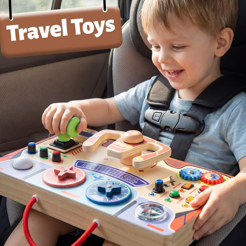 2-4,Wooden Montessori Busy Board for Toddlers Sensory Steering Wheel Toys with LED Light Switch,Travel Toy Educational