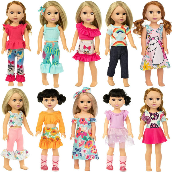 Ecore Fun 10 Sets Doll Clothes Outfits for 15 Inch Girl Dolls, 14.5 Inch Dresses, Pajamas, Hair Clips