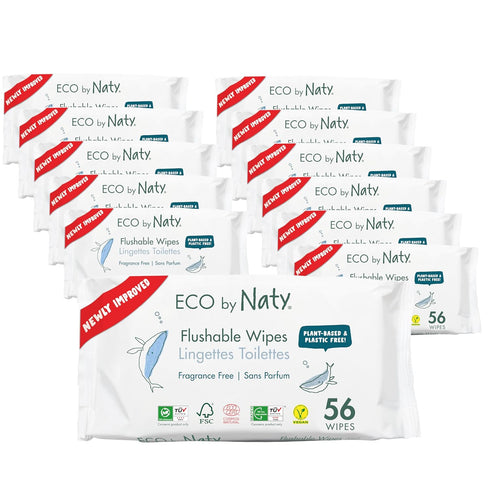 Eco by Naty Flushable Baby Wipes, Compostable Plant-Based, Chemical-Free Hypoallergenic, 56 Wipes Per Pack (12 Pk)