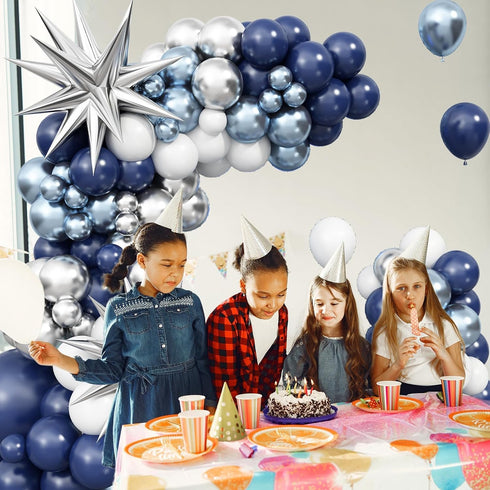 Blue Silver Balloon Arch Kit, Navy Blue Silver White Balloon Garland with Metallic Light blue silver Balloons Star Foil