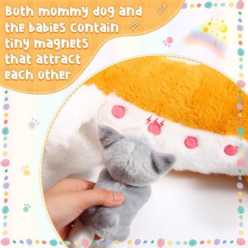 Honoson Nurturing Dog Stuffed Animal with Puppies Set, Nursing Mommy Dog Plush with 4 Baby Puppies