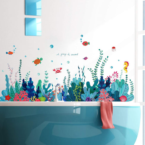Removable 3D Under The Sea View Grass Wall Decal, DIY Ocean Coral Seaweed Stickers for Kids Bedroom