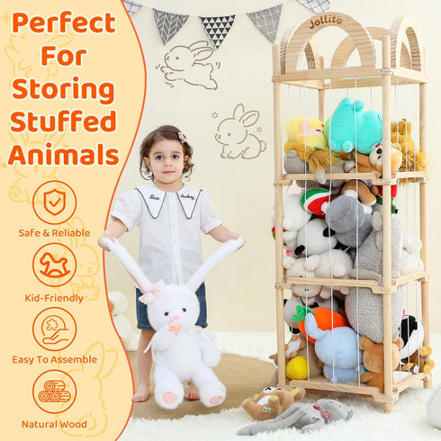 JOLLITO Stuffed Animal Storage Organizers,Large Capacity Wooden Cute Plushies Toy Zoo Holder and Storage for Toddler