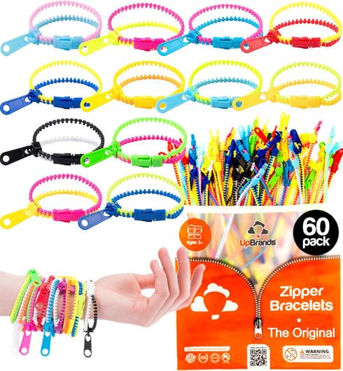 UpBrands 60 Party Favors for Kids, Friendship Zipper Bracelets 7 1/2”, Fidget Toys for Valentines, Birthday