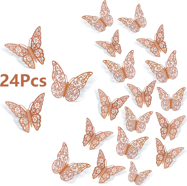 SAOROPEB 3D Butterfly Wall Decor, 24Pcs in 3 Sizes, Removable Stickers for Room Decor, Party, Cake Decoration, Rose Gold
