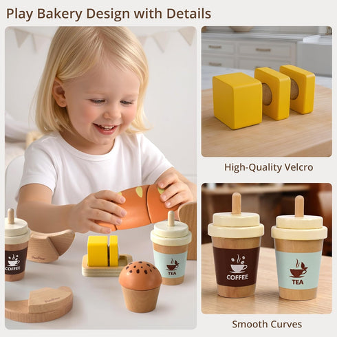 Set, 3+ PairPear Wooden Bakery Play Food Pretend Play Kitchen Accessories with Shopping Bag, Kids Cutting Food Gift