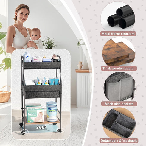 3-Tier 3+2 31" Rolling Baby Diaper Caddy Cart with Dividers & Locking Wheels, H Large Capacity Metal Frame Baby Storage