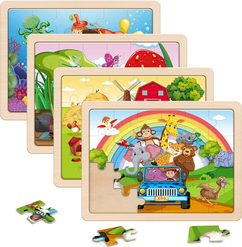SYNARRY Large Animals Wooden Puzzles for Kids - 4 in 1 Gift Box, Jigsaw Puzzles for Toddlers