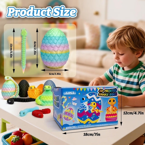 Binvin 32PCS 3D 3D 8-12 (32PCS) Printed Snake Toy, Easter Basket Stuffers Mini Mystery Crystal Egg Fidget Toy, Printed