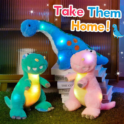 Houwsbaby 14” Blue Light Up Dinosaur Stuffed Animal, LED Glowing Diplodocus Plush Toy Night Light for Kids