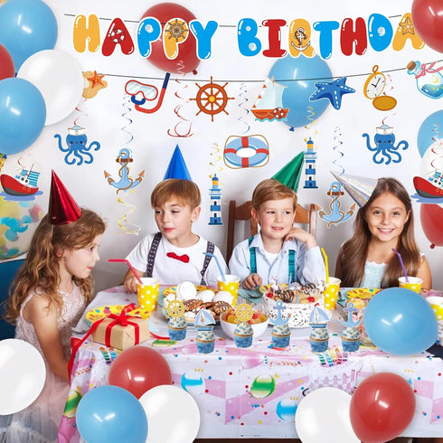 PRATYUS Nautical Party Decorations for Boys, Girls, Adults - Anchor Sailboat Theme Supplies with Banner, Cake Topper,