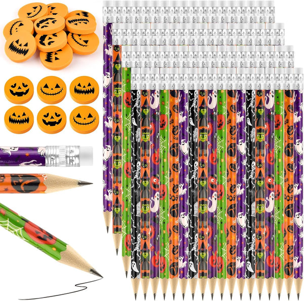 48 Pieces Halloween Pencils with 48 Pieces 3D Pumpkin Erasers Sets in Bulk for Kids Student Halloween Day Goodie Bags