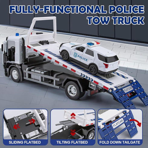 12.5" HAPYAD Police Tow Truck Toy Metal Cab, Flatbed Tow Truck Toys for Boys with Lights and Siren Sounds, Friction