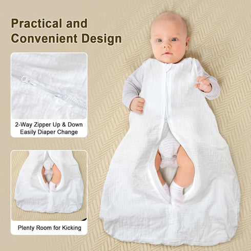 PHF 100% Muslin Cotton Baby Sleep Sacks, 0-6 Months with 2-Way Zipper, 2 Pack Cooling Unisex 0.5 TOG, White & Grey