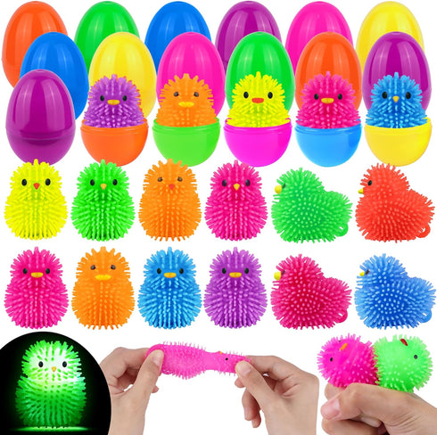 NAWITDA 18 Pack Easter Eggs Fillers with LED Chick Puffer Balls, Easter Eggs