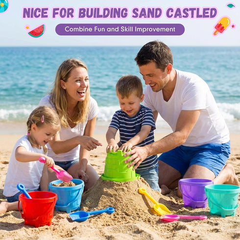 6 Set 6 Summer (7.5 5.9 Inch) Didaey Beach Sand Buckets and Shovels, Include Sand Pail Bucket Colors with Castle Design