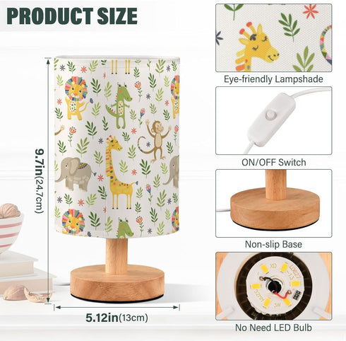 YYZZH Jungle Animal Pattern Table Lamp with Wood Base and Fabric Shade for Living Room, Bedroom or Kids Room