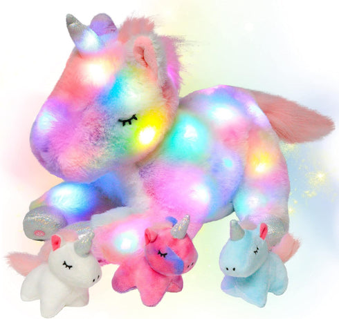 Hopearl LED Plush Unicorn Lighting Up Stuffed Mommy Unicorn with 3 Baby