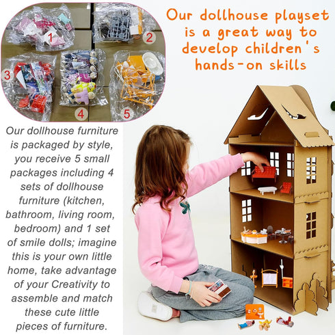 83 Set 8 5 HyDren Pcs Wooden Dollhouse Furniture with Flexible Dolls for Rooms Kits Kitchen, Dining, Living Room