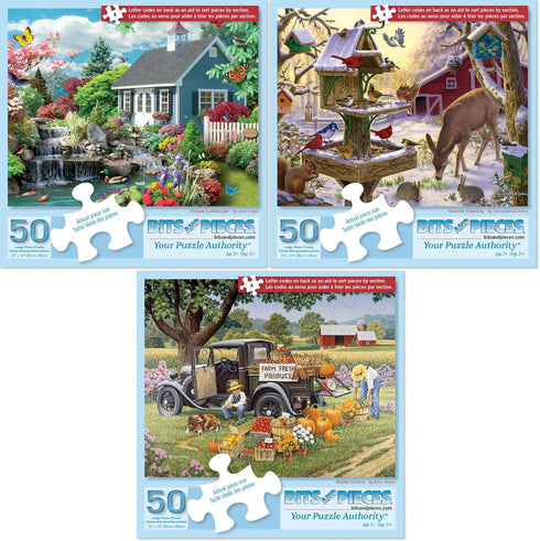 Set 50 15" 19" Bits and Pieces Value of Three Piece Jigsaw Puzzles for Adults Dream Landscape, Home Grown, Sunrise