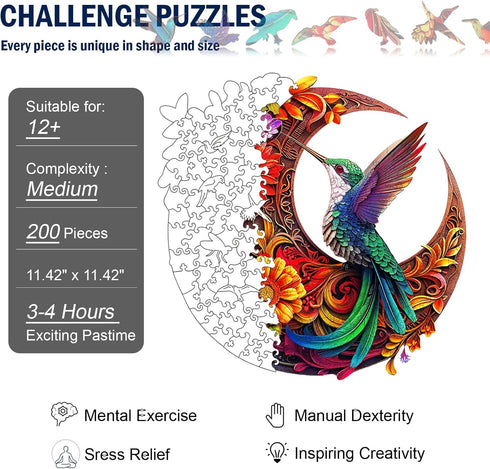 Hummingbird 200 11.4" 11.4", Unique Wooden Puzzles for Adults, Puzzle Pieces x Animal Shaped Wood Puzzles Adult, Wooden