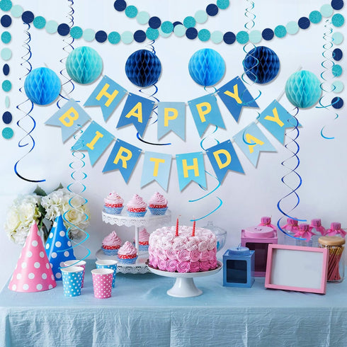 Blue Birthday Decorations with Happy Birthday Banner, Paper Honeycomb Balls, Circle Garland, Hanging Swirl Decorations
