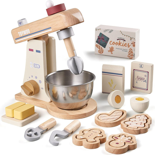 Toywoo Wooden Toy Mixer for Kids Play Kitchen Accessories Wooden Play Food Sets