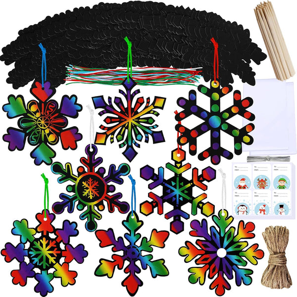 Winlyn 56 Sets 8 Styles Magic Color Scratch Snowflake Ornaments Christmas Scratch