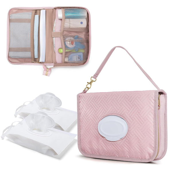 Diaper Clutch Bag with 2 Pieces Wipes Dispensers, Small Diaper Bag with Multiple Pockets for Baby Necessities, Pink