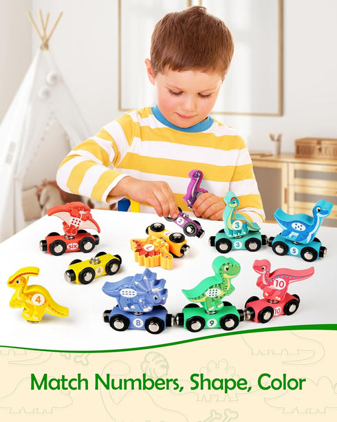 Vanmor Wooden Train Set with Dinosaur Toys - Snap-Connection Dinosaur Train, Learning Toys for 3-5 Year Old Kids