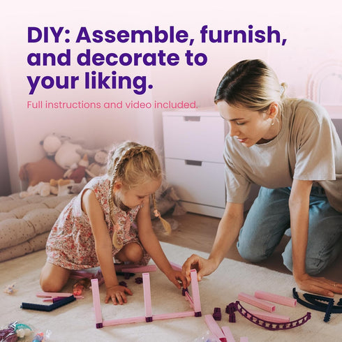 Dollhouse Toy for Little Girls with 2 Princesses, 4 Unicorns, Dog, Furniture, Accessories - Pink & Purple