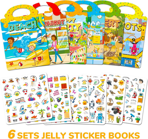 6 Sets 1-3, 2-4, 3 4 5 6 Reusable Sticker Book for Toddlers Jelly Stickers Book for Kids Travel Sticker Activity Toys