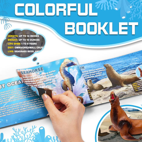 12 Pack Ocean Animal Toys with Educational Booklet for Kids, Realistic Soft Plastic Creatures Model Figures for Toddler