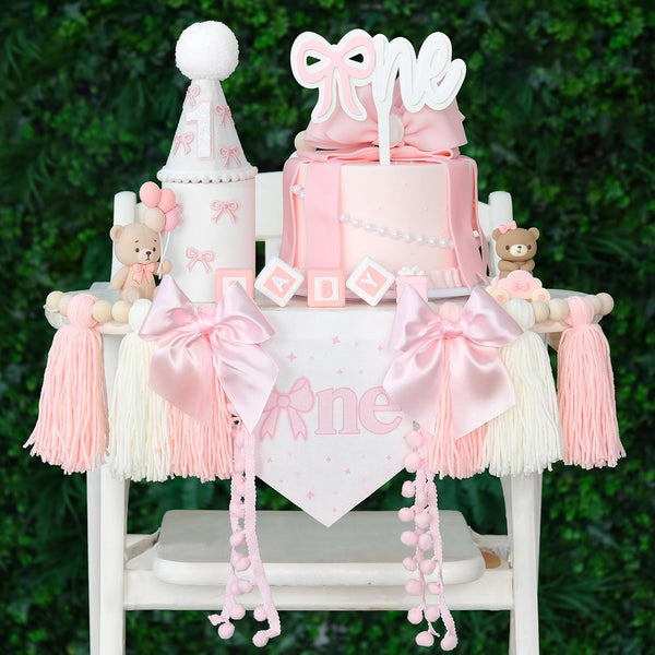 Pink Bow 1st Birthday Highchair Banner Decorations Wood Bead Tassel Garland Cone