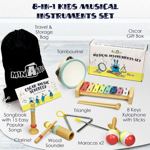 Toddler Musical Instruments Set | Montessori Wooden Music Toys for 1-3 Years | Modern Boho Xylophone with 15 Songbook