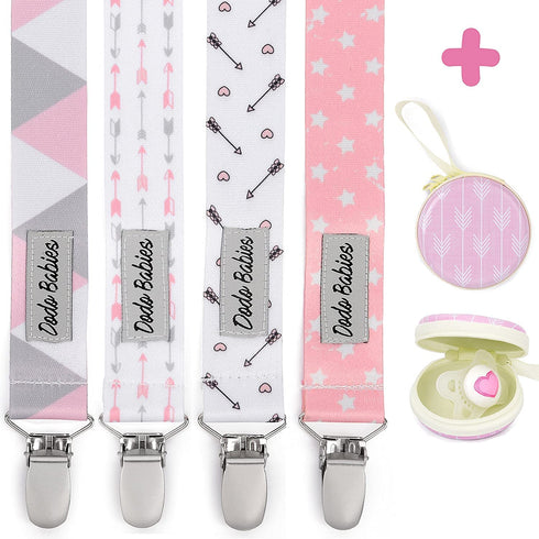 Dodo Babies Pacifier Clip with Case Set, 5-Piece Set, Pink & Gray Prints, Universal Binkie Clip & Holder