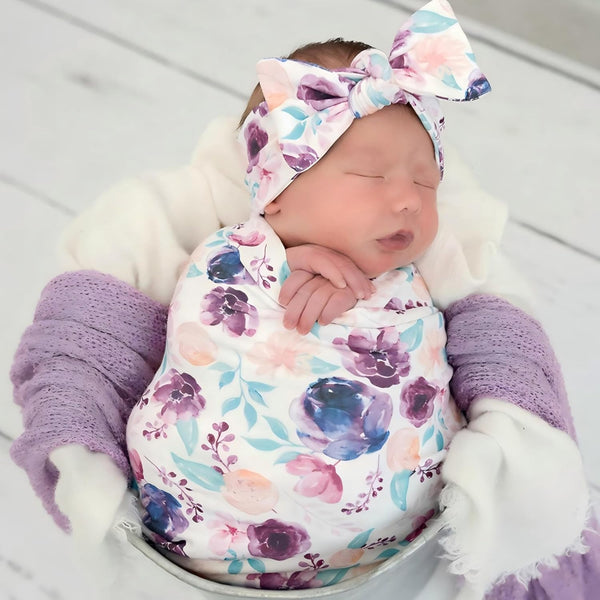 Newborn Floral Print Blanket Baby Stretch Wrap Swaddle Receiving Blanket with Matching