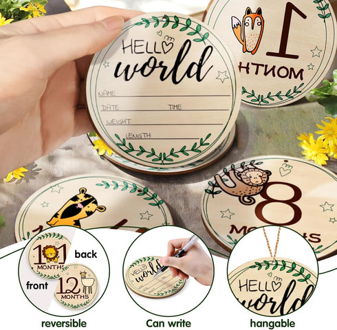 RCHBUDI 8 8 Sets 8pcs Pcs Baby Monthly Milestone Cards- Baby Milestone Signs Wooden Discs Double-Sided Animal Marker