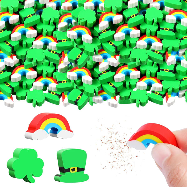 144 Pieces Shamrocks Erasers for Kids, Assorted Colors St. Patrick's Day Pencil Erasers for Party Favors